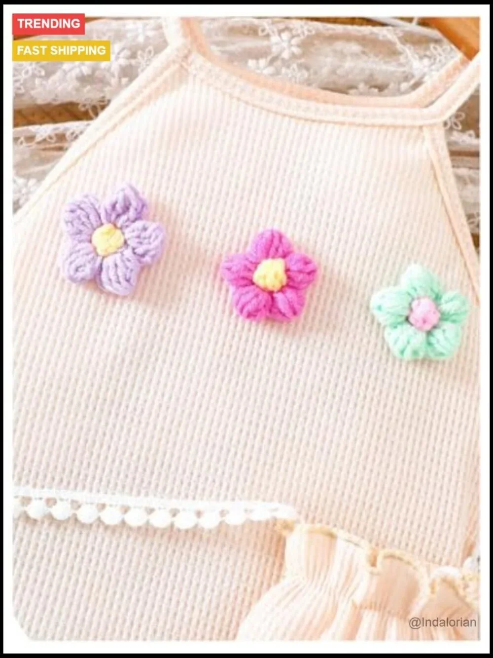 Girl's 3D Floral Crochet Knit Sleeveless Midi Dress with Bag